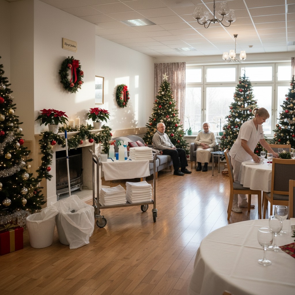 Hoitaja kattaa joulukoristein ja joulukuusin koristeltua oleskelutilaa, jossa kaksi vanhusta istuu taustalla.