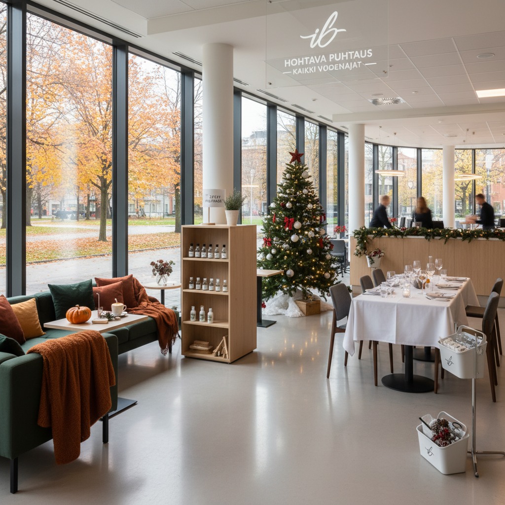 Valoisa sisätila, jossa on vihreä sohva, puinen hyllykkö, joulukuusi ja katettu ruokapöytä sekä suuret ikkunat, joista näkyy syksyinen puisto.