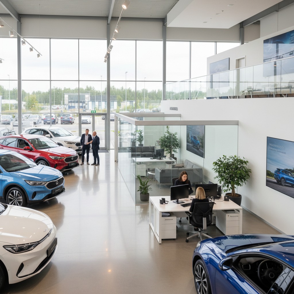 Kaksi myyjää työskentelee autoliikkeen valoisassa näyttelytilassa, jossa on esillä useita autoja.